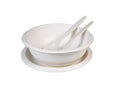 Cups and plates of paper and plastic spoons and fork on white Royalty Free Stock Photo