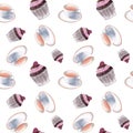Cups with raspberry cupcakes seamless pattern, white cup and cupcake, watercolor seamless pattern Royalty Free Stock Photo