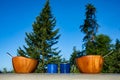 Cups and saucers with outdoor breakfast