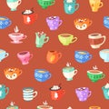 Cups seamless pattern, drink coffee wallpaper concept, retro illustration, vintage design, cartoon style vector