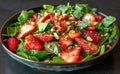 cups of strawberries, assorted greens and pine nuts