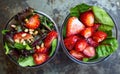 cups of strawberries, assorted greens and pine nuts