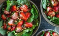 cups of strawberries, assorted greens and pine nuts