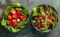 cups of strawberries, assorted greens and pine nuts