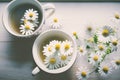 Cups of tea and beautiful flowers. Refined vintage dishes. Generative Ai