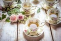 Cups of tea and beautiful flowers. Refined vintage dishes. Generative Ai