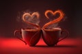 Cups of tea or coffee with steam in two heart shape. Generative AI Royalty Free Stock Photo