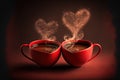 Cups of tea or coffee with steam in two heart shape. Generative AI Royalty Free Stock Photo