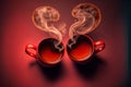 Cups of tea or coffee with steam in two heart shape. Generative AI Royalty Free Stock Photo