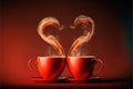 Cups of tea or coffee with steam in two heart shape. Generative AI Royalty Free Stock Photo