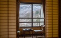 Cups of tea on the table and good view in the winter from window that feels comfortable Royalty Free Stock Photo