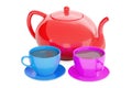 Cups with teapot, 3D rendering Royalty Free Stock Photo