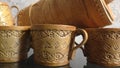 Cups and tuesok for honey of birch bark. Kitchenware. Folk craft of Russia. Retro. Products from Birch bark