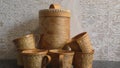 Cups and tuesok for honey of birch bark. Kitchenware. Folk craft of Russia. Retro. Products from Birch bark