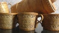 Cups and tuesok for honey of birch bark. Kitchenware. Folk craft of Russia. Retro. Products from Birch bark