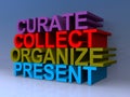 Curate collect organize present on blue Royalty Free Stock Photo