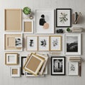 A curated collection of artwork and empty frames arranged on a Royalty Free Stock Photo