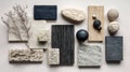 Curated collection of tactile material samples including fabric, wood, stone, and ceramic textures arranged on a neutral Royalty Free Stock Photo