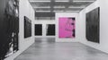 A curated exhibit of black and white abstract paintings with a single neon pink canvas hanging on the far wall. .