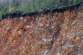 The curb erosion from storms. To indicate the layers of soil and rock. Nature cross section soil underground with green grass, Royalty Free Stock Photo