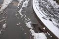 9 - Curb and snowy pavement curves through the image, with snow melt Royalty Free Stock Photo