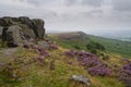 From Curbar Edge over to Baslow Edge in the Derbyshire Peak District on a grey damp summer morning