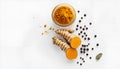 Curcumin is enhanced by turmeric roots and black pepper, which increases the bioavailability of curcumin in Royalty Free Stock Photo