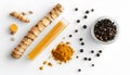 Curcumin is enhanced by turmeric roots and black pepper, which increases the bioavailability of curcumin in Royalty Free Stock Photo