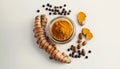 Curcumin is enhanced by turmeric roots and black pepper, which increases the bioavailability of curcumin in Royalty Free Stock Photo