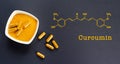 Curcumin formula with a yellow turmeric root powder and capsules