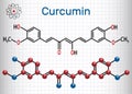 Curcumin molecule. Sheet of paper in a cage. Structural chemical