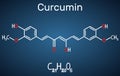 Curcumin molecule. Structural chemical formula on the dark blue