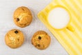 Curd biscuits with raisin, milk in cup on yellow napkin