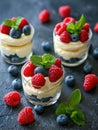 Curd dessert with cream, raspberries, and blueberries garnished with fresh mint Royalty Free Stock Photo