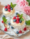 Curd dessert with cream, raspberries, and blueberries garnished with fresh mint Royalty Free Stock Photo