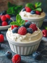 Curd dessert with cream, raspberries, and blueberries garnished with fresh mint Royalty Free Stock Photo