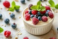 Curd dessert with cream, raspberries, and blueberries garnished with fresh mint Royalty Free Stock Photo