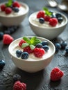 Curd dessert with cream, raspberries, and blueberries garnished with fresh mint Royalty Free Stock Photo