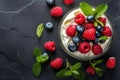 Curd dessert with cream, raspberries, and blueberries garnished with fresh mint Royalty Free Stock Photo