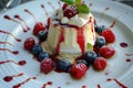 Curd dessert with cream, raspberries, and blueberries garnished with fresh mint Royalty Free Stock Photo