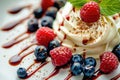 Curd dessert with cream, raspberries, and blueberries garnished with fresh mint Royalty Free Stock Photo