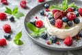 Curd dessert with cream, raspberries, and blueberries garnished with fresh mint Royalty Free Stock Photo