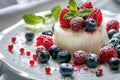 Curd dessert with cream, raspberries, and blueberries garnished with fresh mint Royalty Free Stock Photo