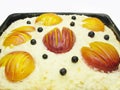 Curd pudding cake with peaches Royalty Free Stock Photo