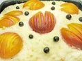 Curd pudding cake with peaches Royalty Free Stock Photo