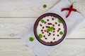 Curd rice in a ceramic bowl on a white wooden background. A popular dish from South India with rice, Royalty Free Stock Photo