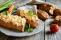 Curd spread with eggs, carrot, green onion, pickled cucumber and mayonnaise