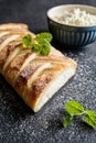 Curd strudel with raisins and sprinkled with icing sugar Royalty Free Stock Photo