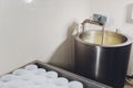 curdled milk brought to high temperature for the production of cheese in the dairy.