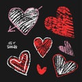 Cure childish hand drawn chalk collection of heart shapes. Grunge Valentine hearts on blackboard background. Vector Royalty Free Stock Photo